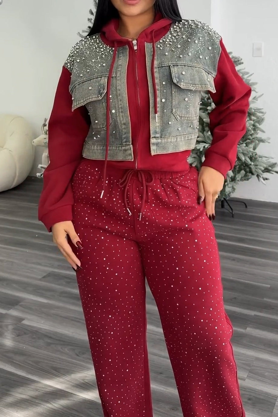 Women's Rhinestone Patchwork Denim Jacket + Waist Drawstring Pants Set