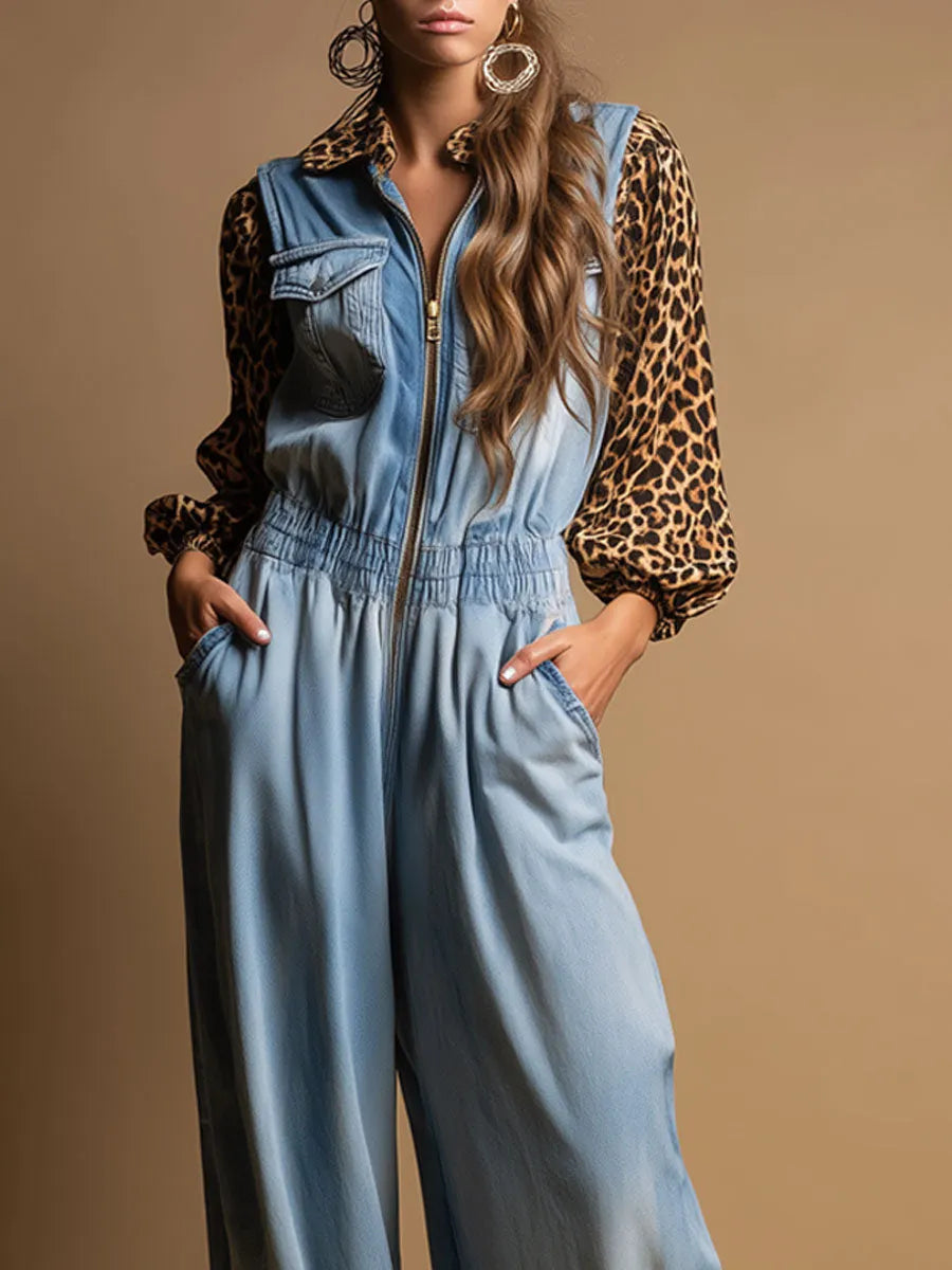 Western Retro Long-Sleeved Chiffon Leopard Print Light Blue Denim Wide-Leg Jumpsuit