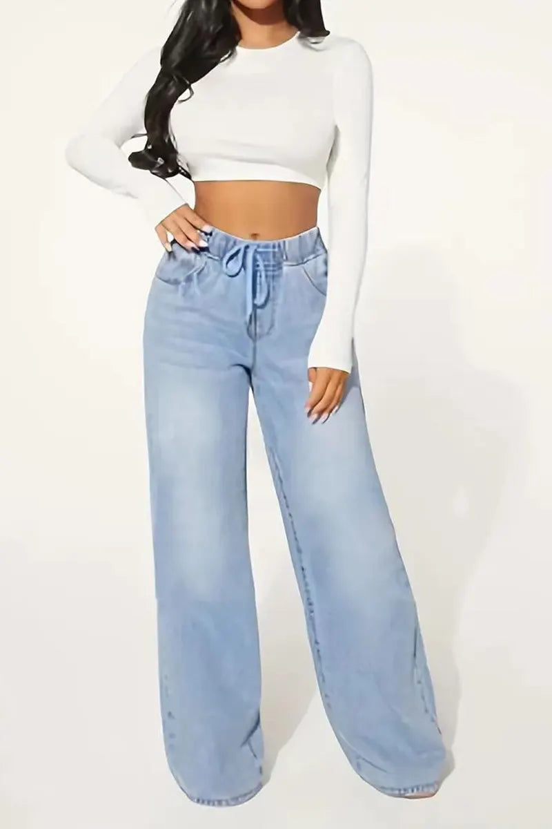 Waisted Drawstring Wide Leg Denim Jeans