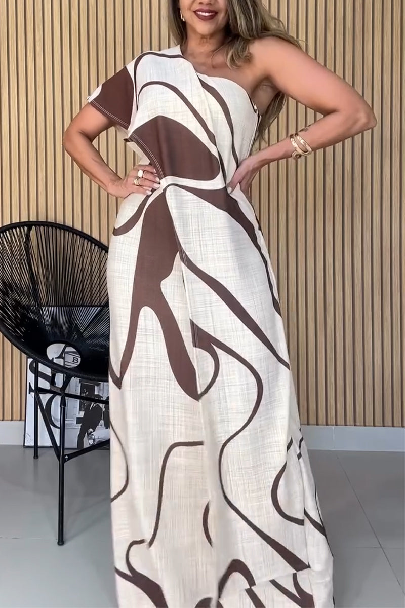 Women's One Shoulder Printed Patchwork Elegant Temperament Casual Maxi Dresses