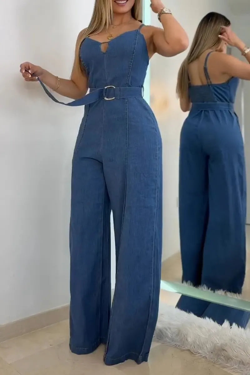 Women's Casual Cami Denim Jumpsuit with Belt