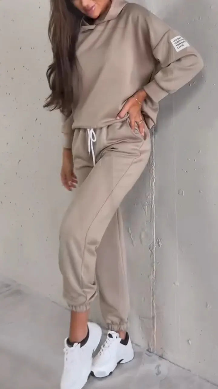 Ladies Round Neck Hooded Top+ Drawstring Pants Casual Set