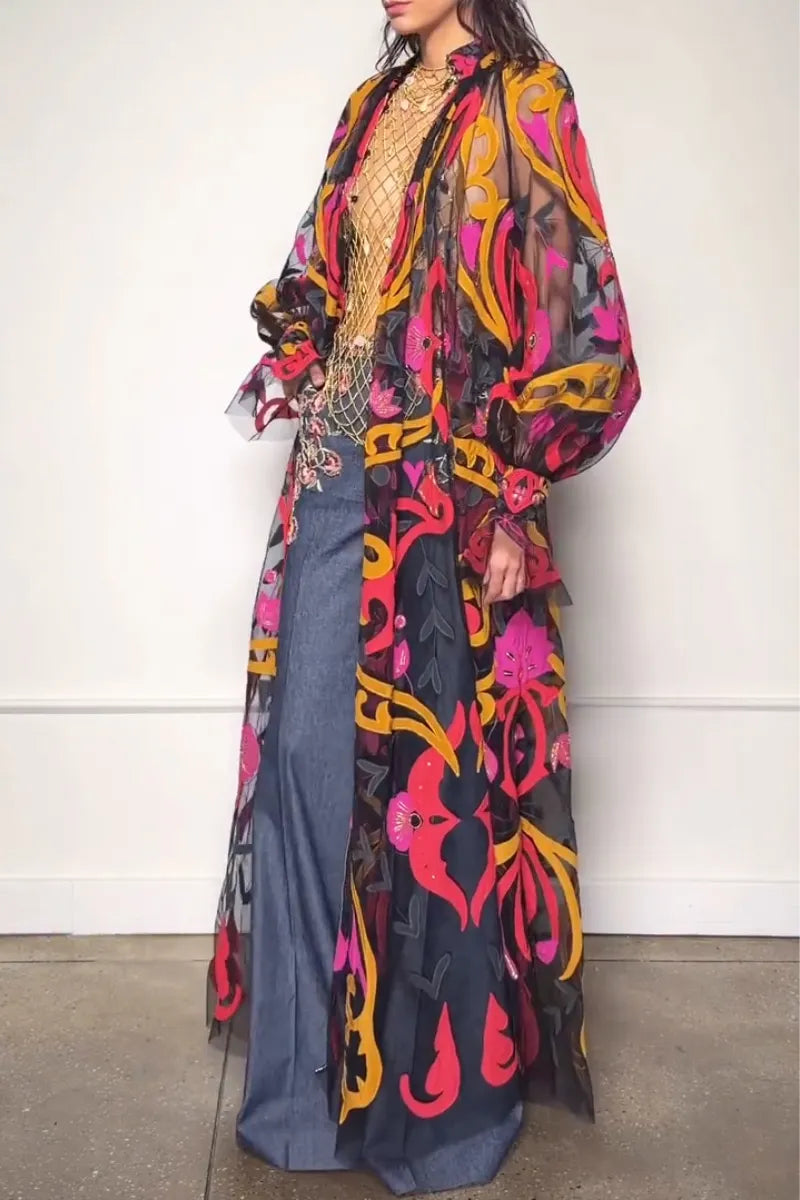 Women Printed Perspective Casual Long Cardigan