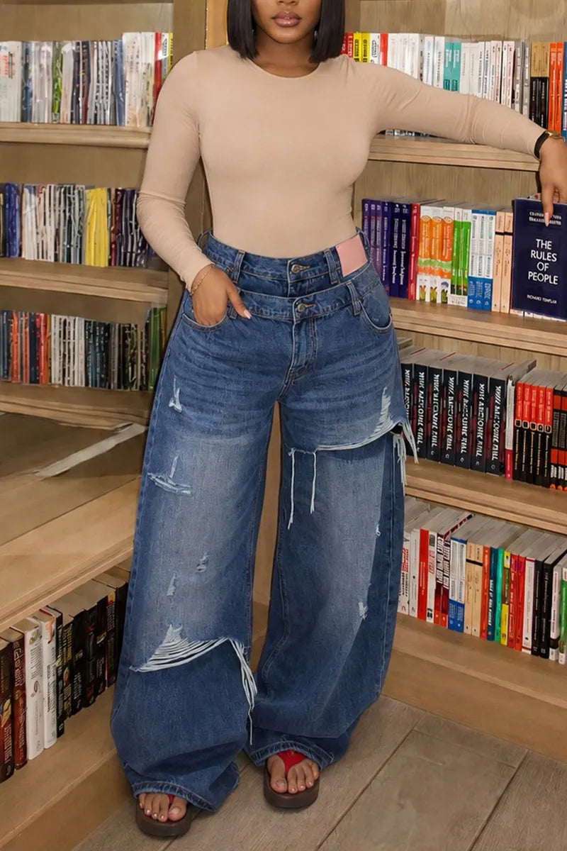 Women Double Waistband Multi Destroyed Ripped Wide Leg Baggy Denim Jeans