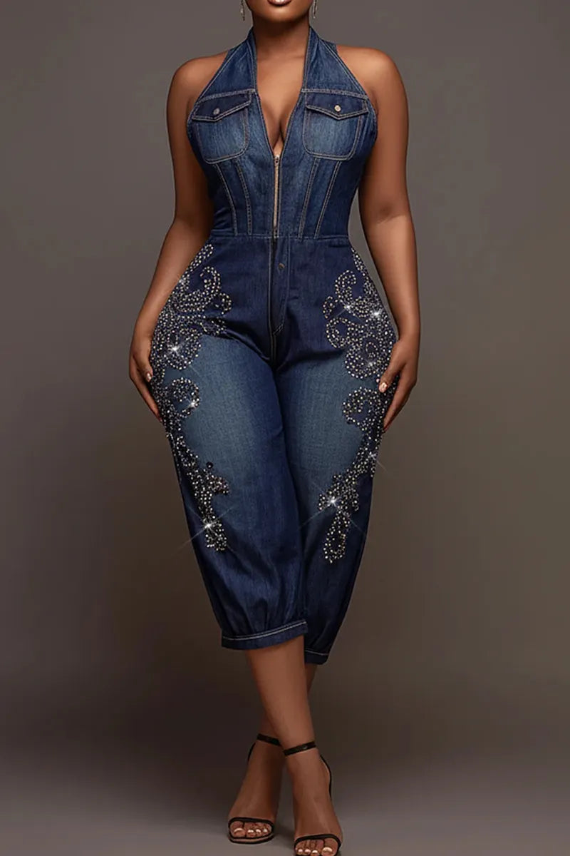 Hot Selling Women's Casual Rhinestone Denim Jumpsuit
