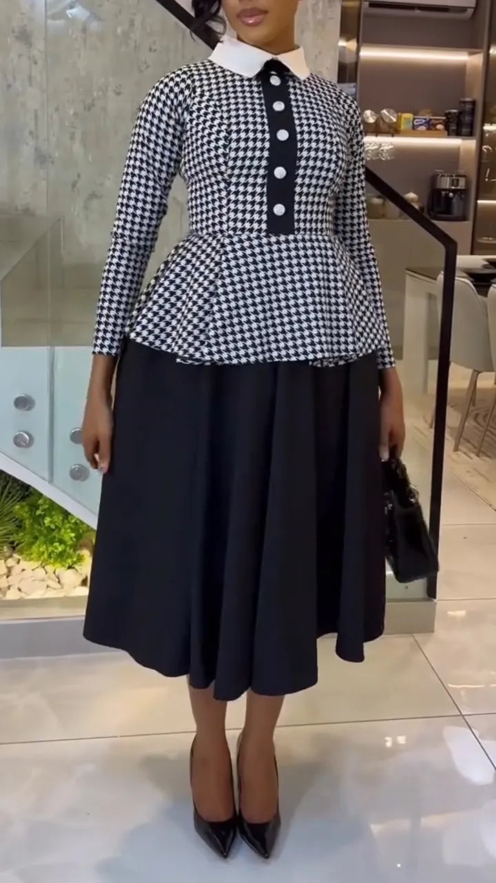 Women Collar Print Patchwork Fake Two Elegant Temperament Dresses