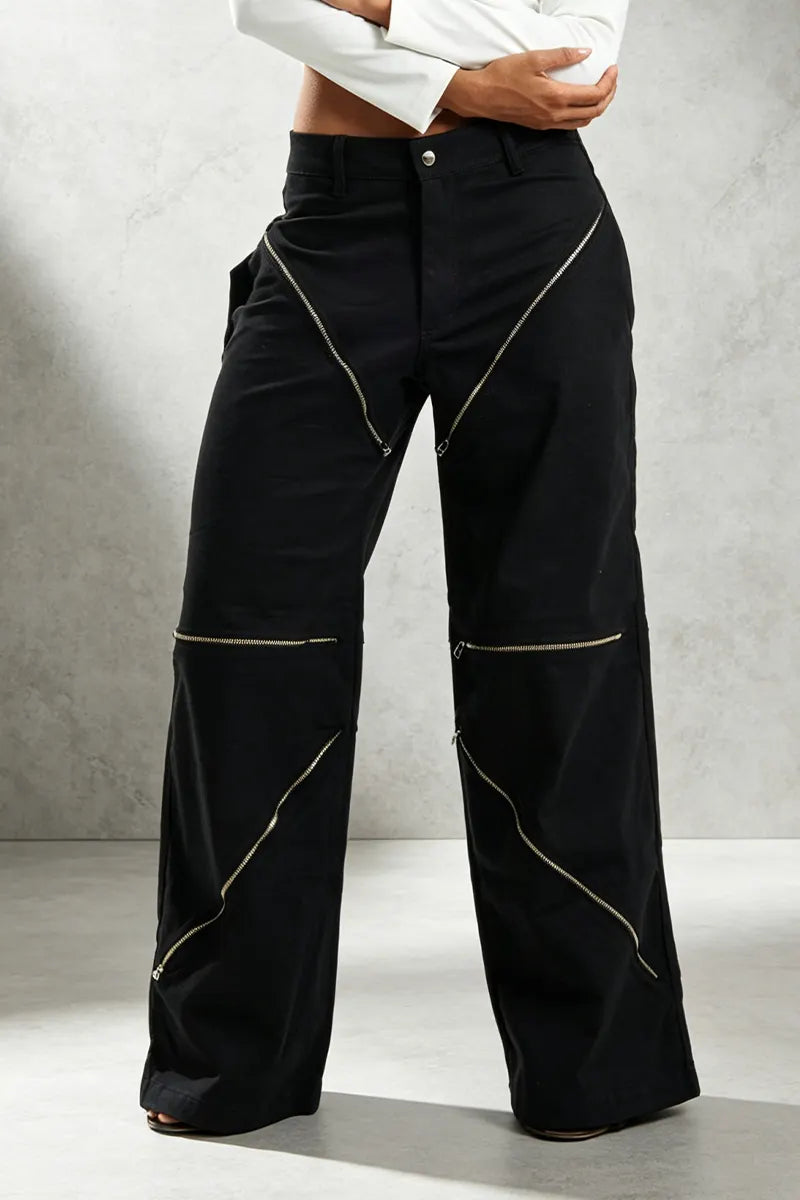 Women's Casual Multi Zipper Splicing Wide Leg Jeans