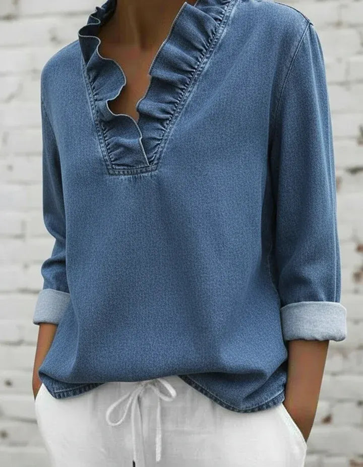 Retro Romantic Ruffled V-neck Denim Shirt