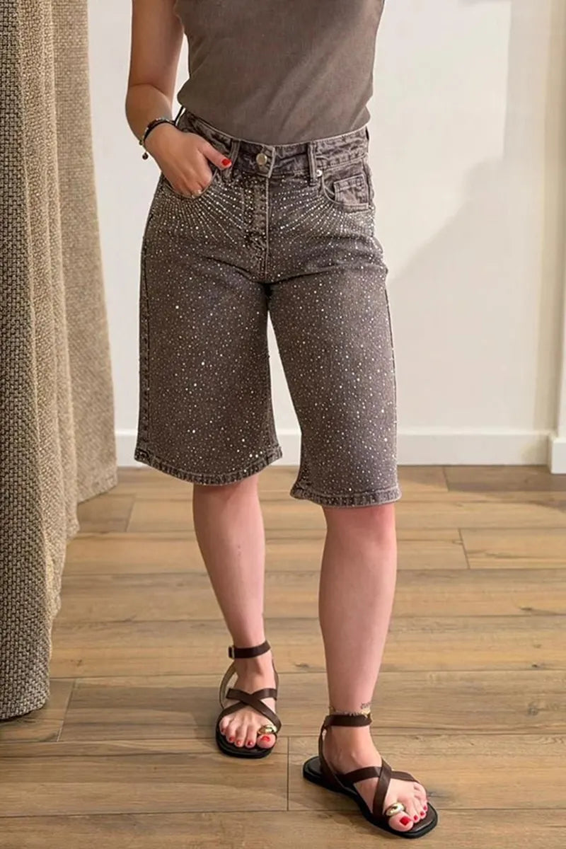 Women's Fashion Firework Pattern Rhinestone Trim Cropped Jeans