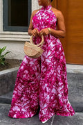 Women Neck Hanging Sleeveless Printed Vacation Casual Style Wide Leg Jumpsuit