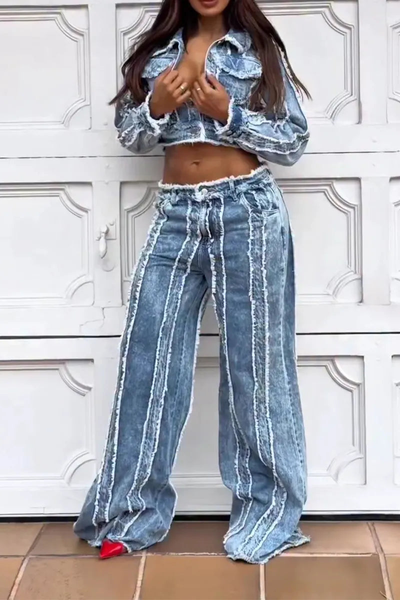Women's Casual Washed Panel Denim Jacket or Jeans
