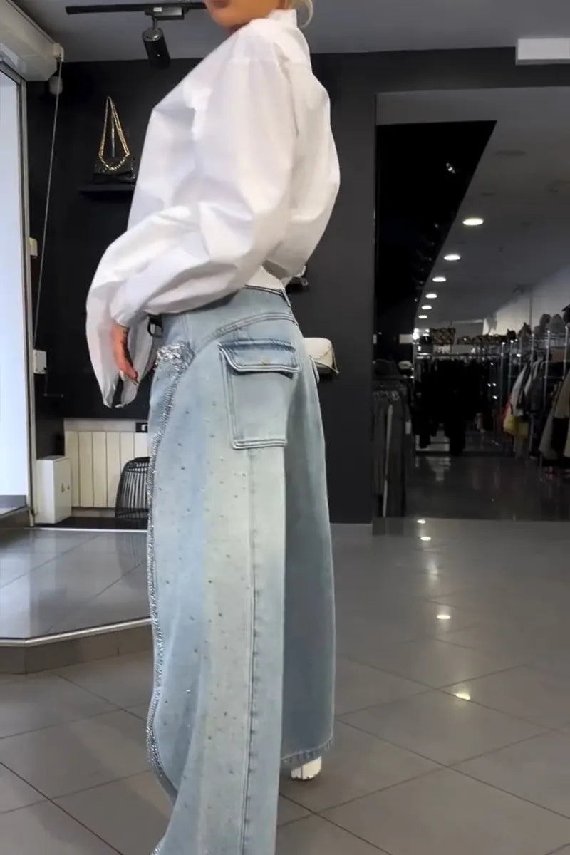 Women's Fashion Gradient Rhinestone Loose Jeans