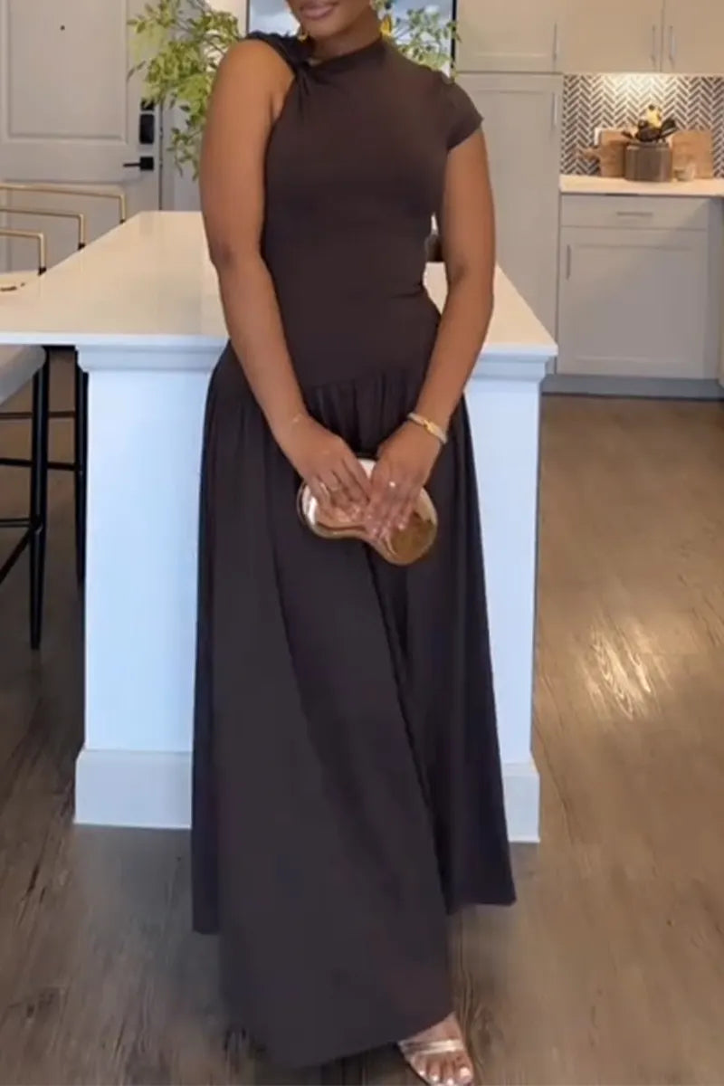 Women Single Shoulder Solid Color Waist Cinching Elegant Casual Dress