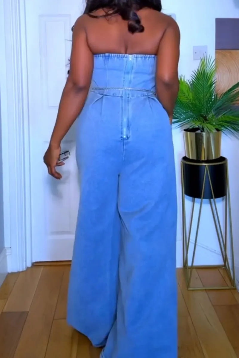 Women's Fashion Sparkling Rhinestone Bustier Wide Leg Denim Jumpsuit