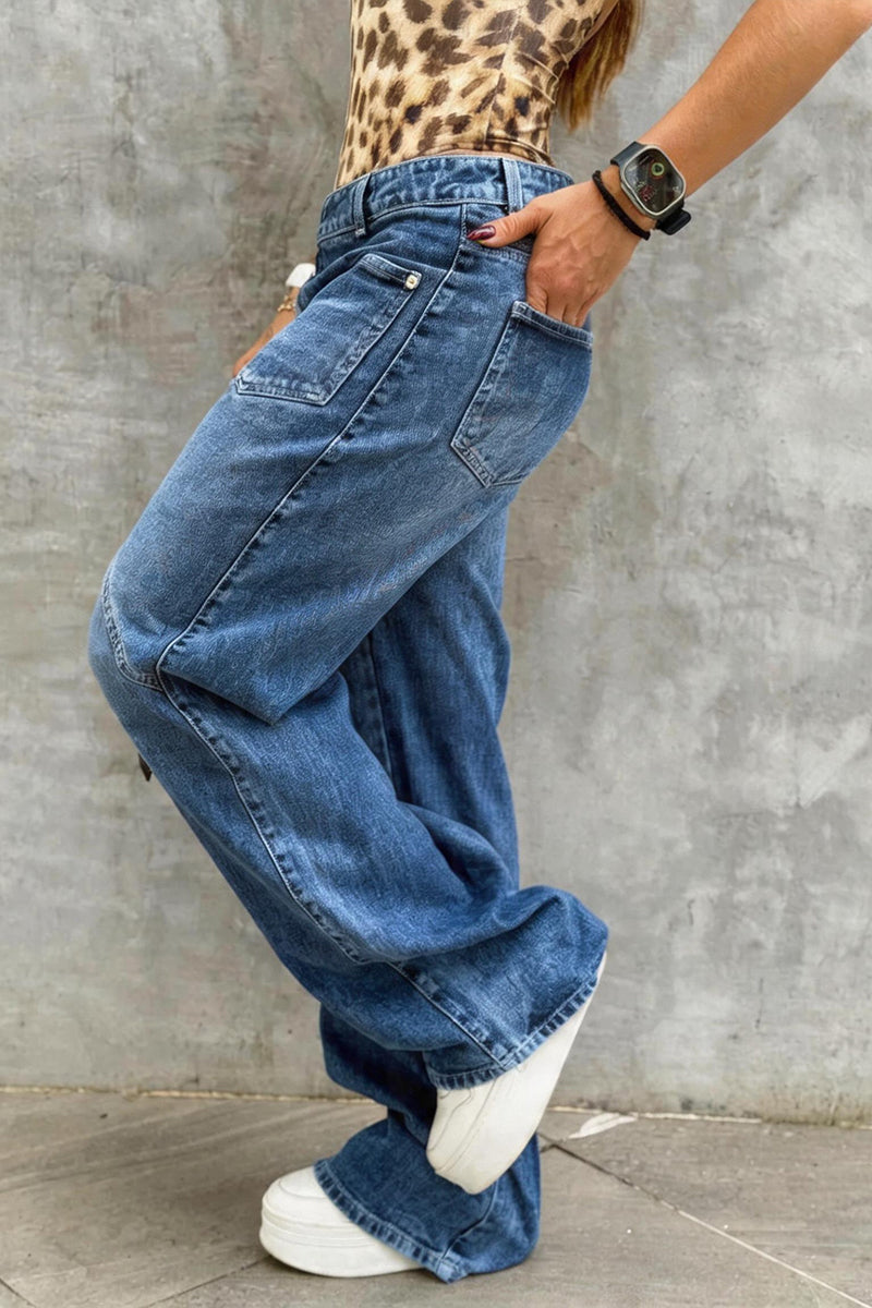 Women's Fashion Asymmetric Waist Pocket Patch Jeans