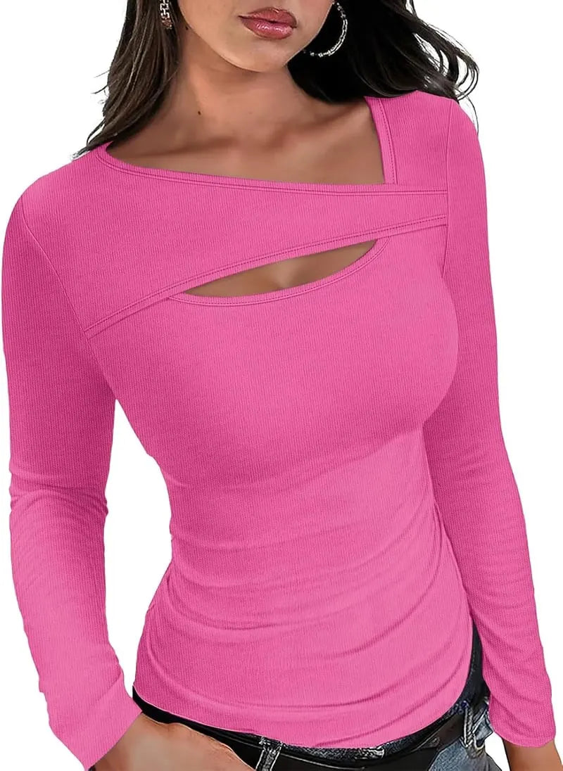 Women Spliced Hollow Solid Color Casual Top