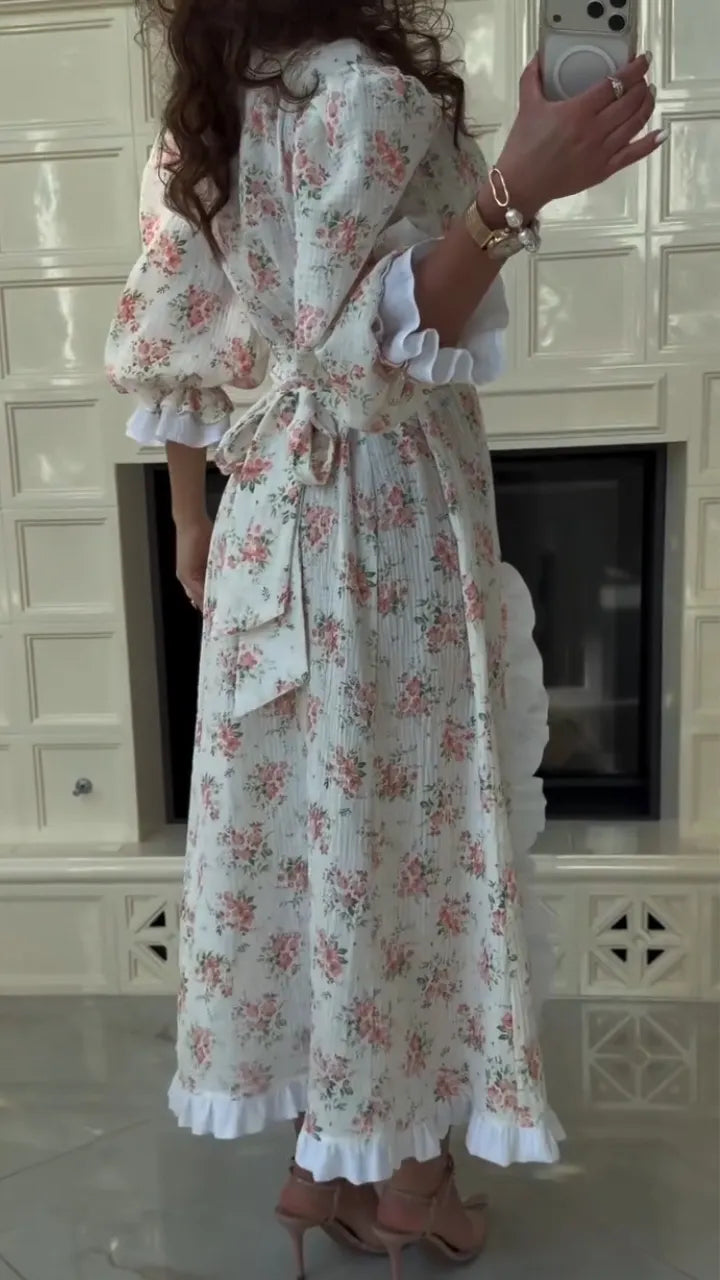 Women V-neck Cinched Waist Printed Slit Elegant Temperament Dress