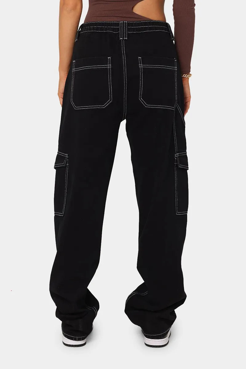 Women's Elastic Waist Wide-Leg Cargo Jeans With Multiple Pockets