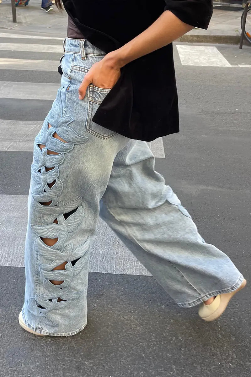 Women's Casual Bird Embroidered Cutout Wide Leg Jeans