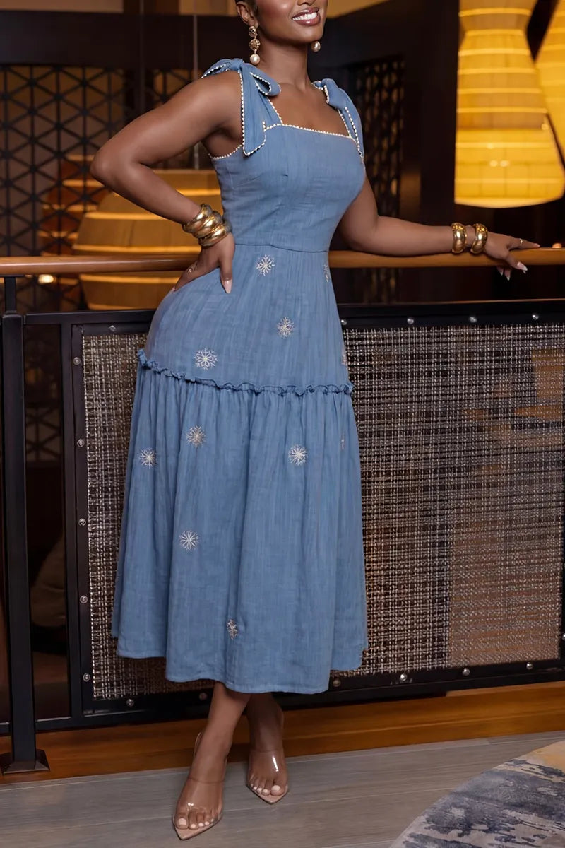 Women's Elegant Embroidered Panel Hem Denim Midi Dress