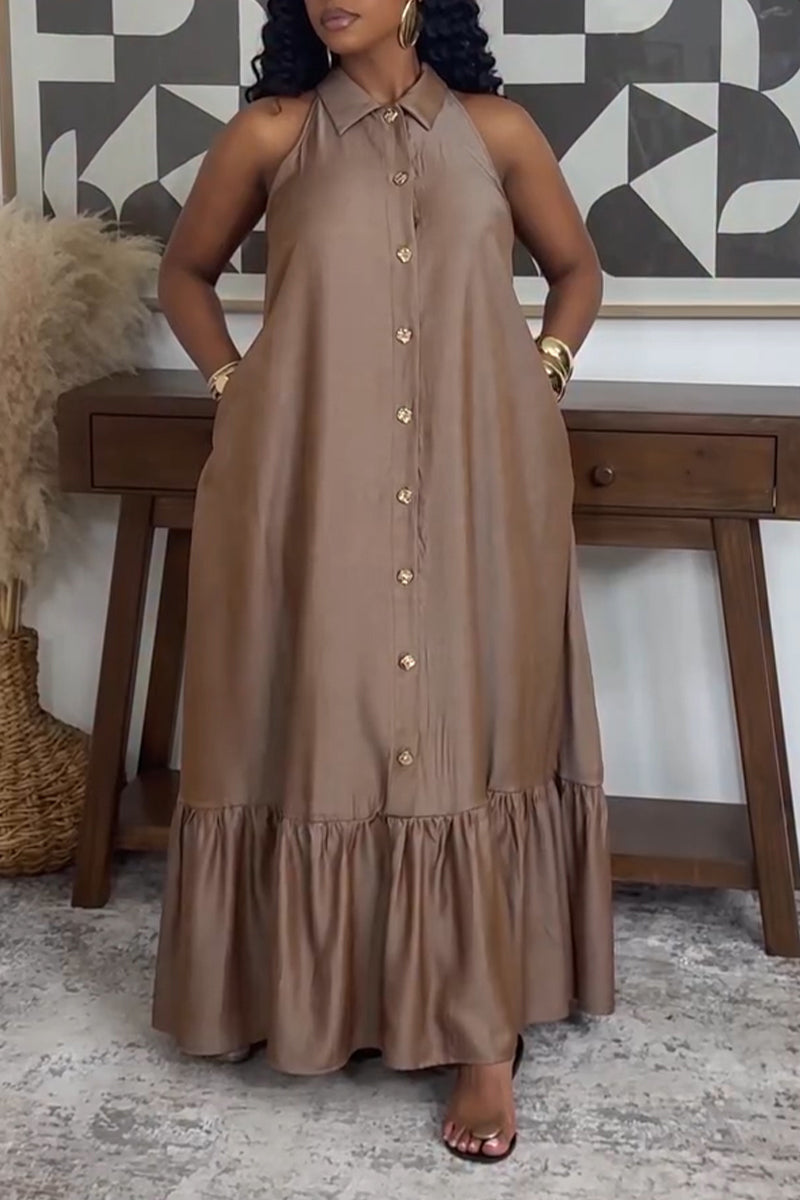 Women's Casual Single Breasted Flounce Hem Denim Dress