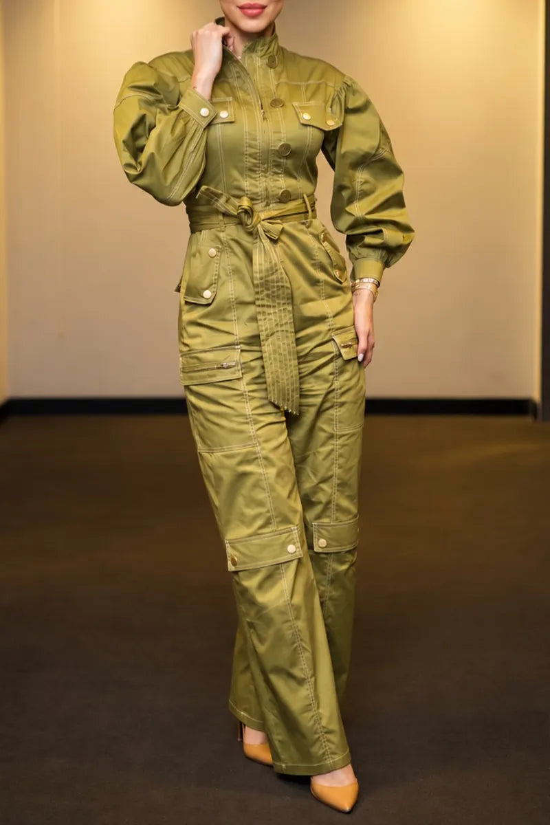 Women's Fashion Puff Sleeve Cargo Long Jumpsuit with Belt