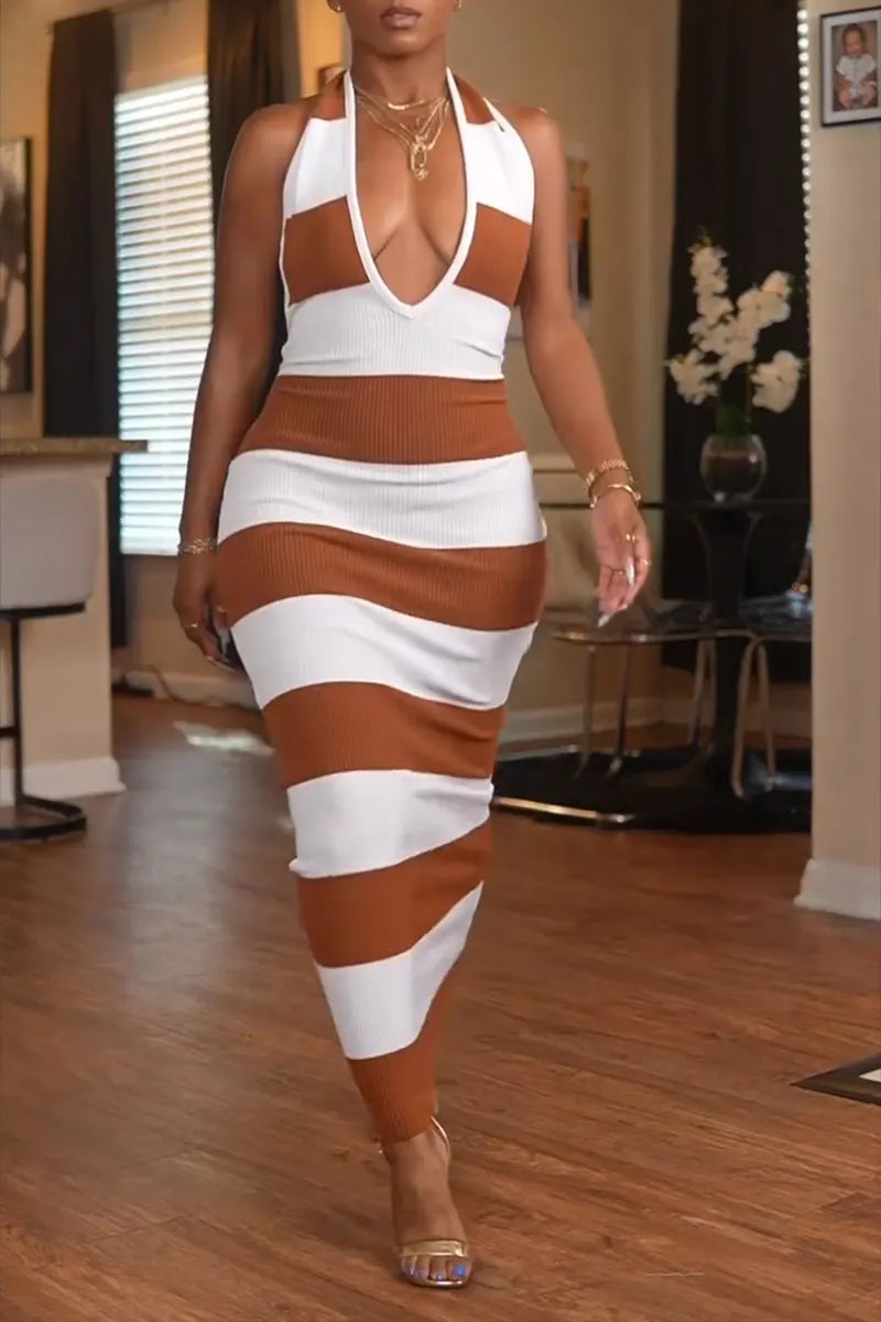 Women's Casual Color Block Stripe Backless Knit Maxi Dress