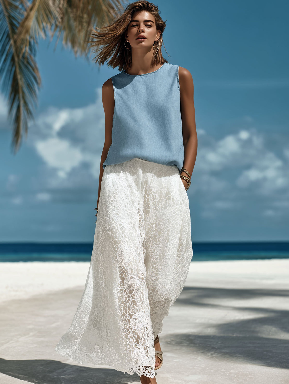 French-Style Resort Blue Denim Sleeveless Top And White Lace Trousers Set