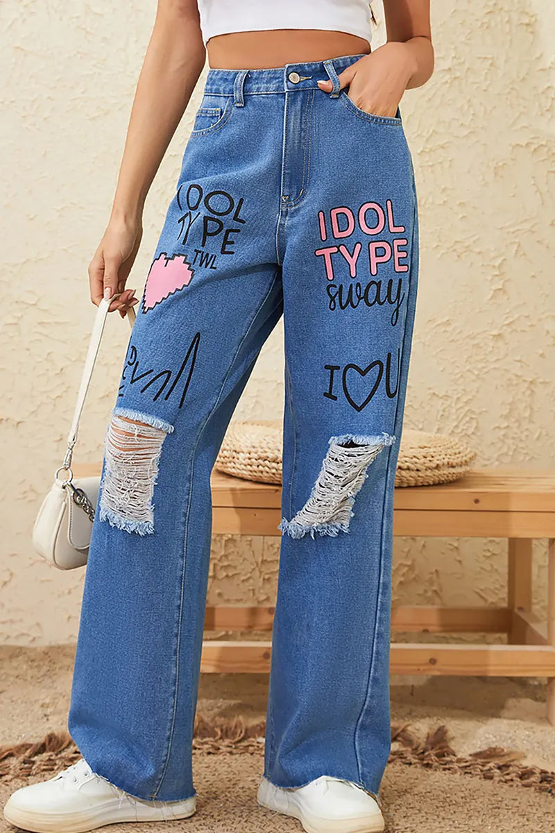 Women's Graffiti Art Distressed Raw Hem Jeans