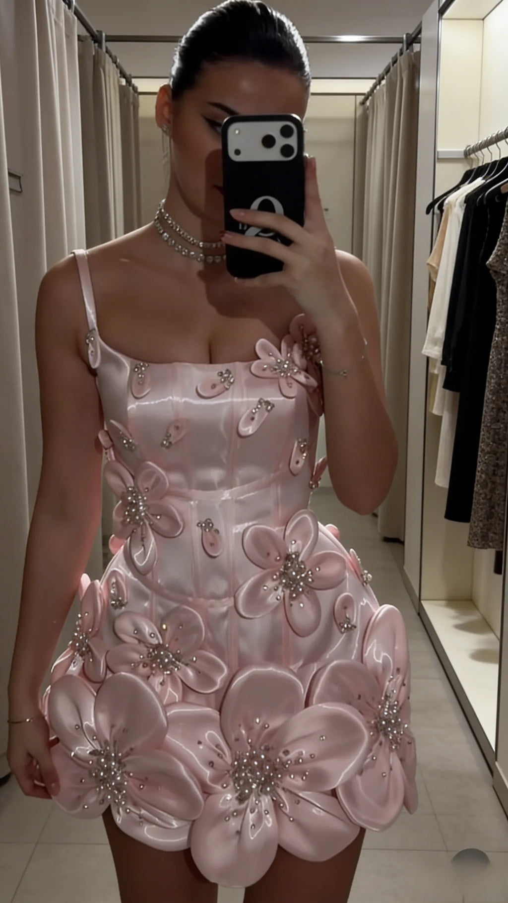 Cute Pink Prom Dress Satin Sheath Spaghetti Straps Evening Dress 3D Appliques Sleeveless Short Birthday Dress ED07331