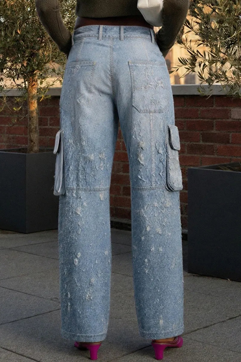 Ladies' Casual And Fashionable Low Rise Regular Jeans With Perforated Pateh Design