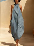 Light Blue Tencel Denim Halter Neck Cocoon Maxi Dress
