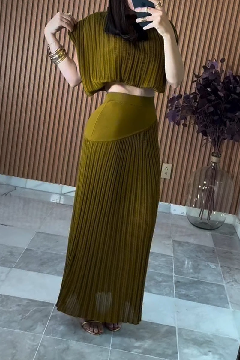 Women's Round Neck Top+ Patchwork Skirt Solid Color Elegant Casual Set