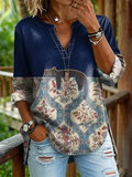 Women's Vintage Floral Cat Print Casual V-neck Washed Cotton Denim Shirt