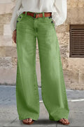 Women Solid Green Washed Wide Leg Denim Trousers High Rise Side Rivet Pocket Casual Baggy Jeans