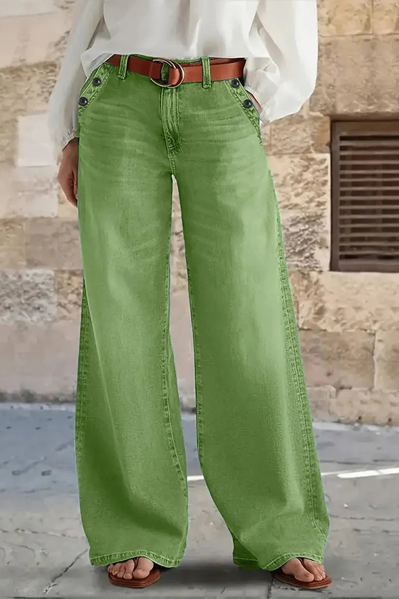 Women Solid Green Washed Wide Leg Denim Trousers High Rise Side Rivet Pocket Casual Baggy Jeans