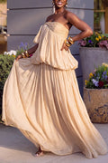 Women's Casual Pleated Asymmetric Strapless Maxi Dress