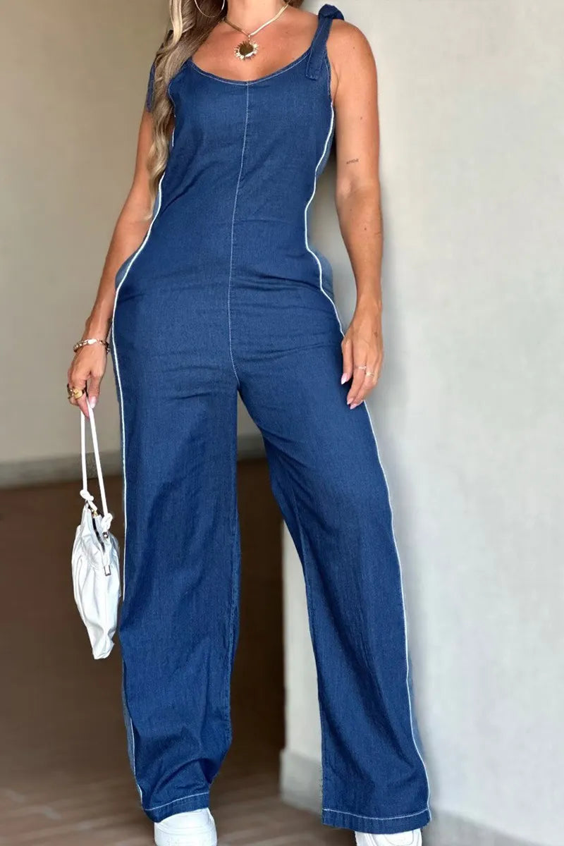 Women's V-Neck Denim Jumpsuit with Side White Stripe Detail