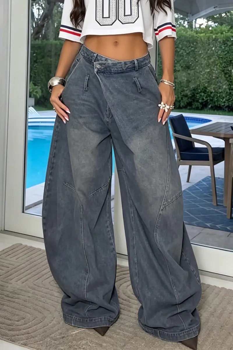Women's Fashion Asymmetric Waistband Wide Leg Jeans