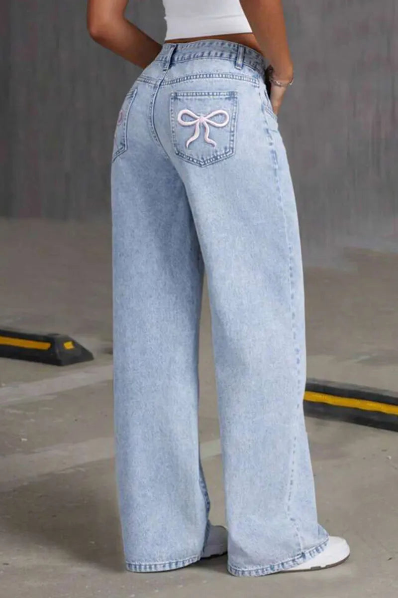 Lady Causal Cherry Print High-Waisted Jeans