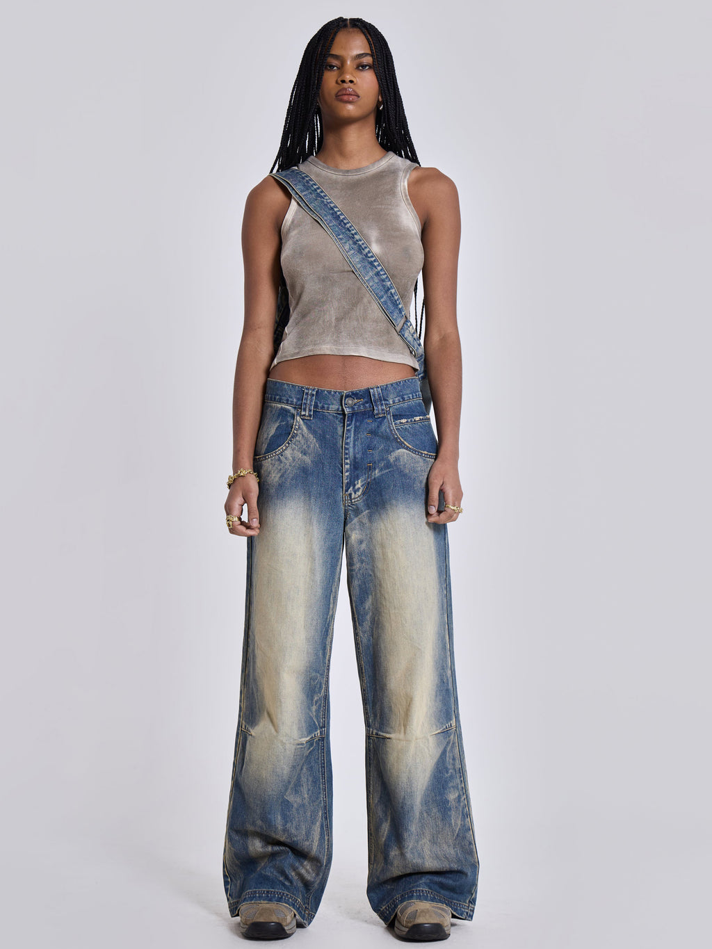 Vintage Distressed Ombre Wing Print Wide Leg Jeans