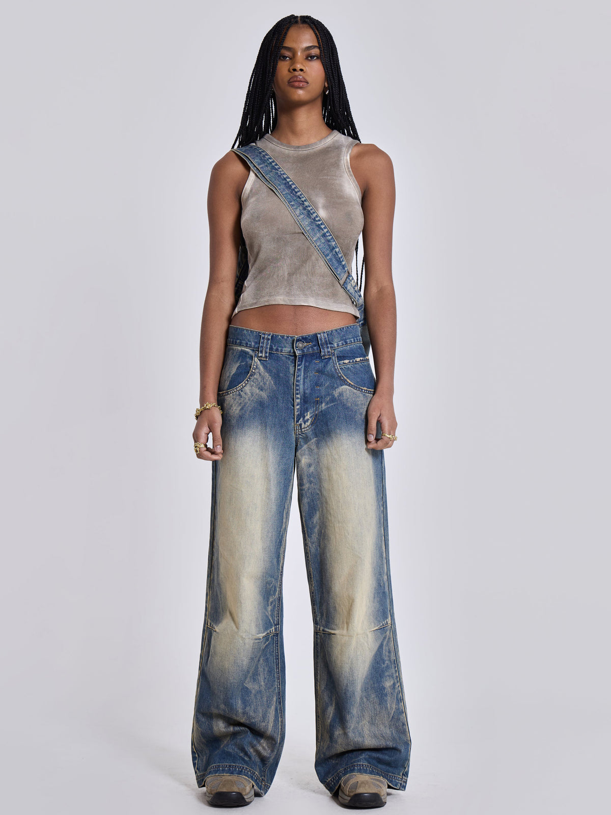 Vintage Distressed Ombre Wing Print Wide Leg Jeans