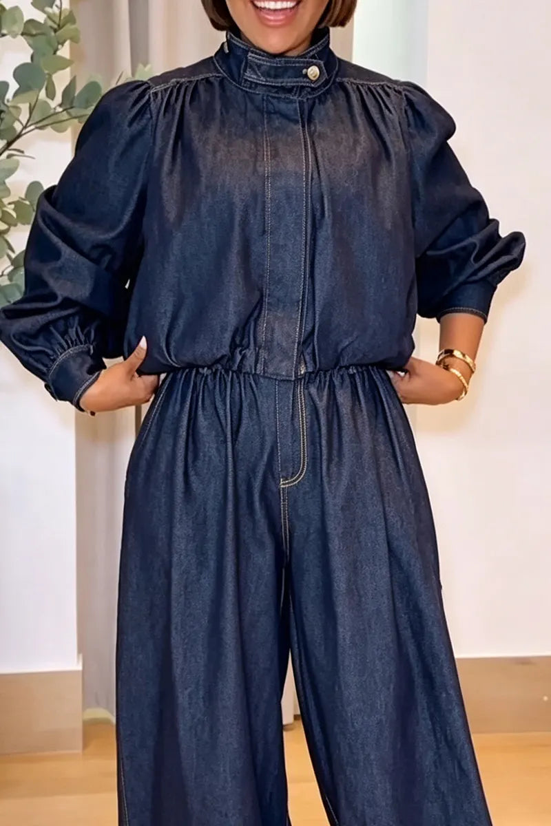 Women's Casual Puff Sleeve Denim Jacket or Loose Elastic Cuff Jeans