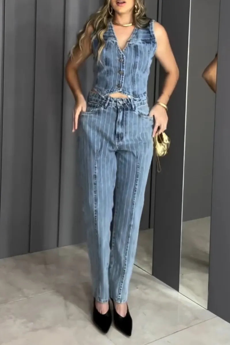 Women's Casual V-Neck Denim Vest or Skinny Jeans
