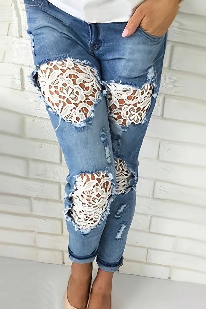Women Distressed Ripped Jeans with White Floral Lace Patch Insert