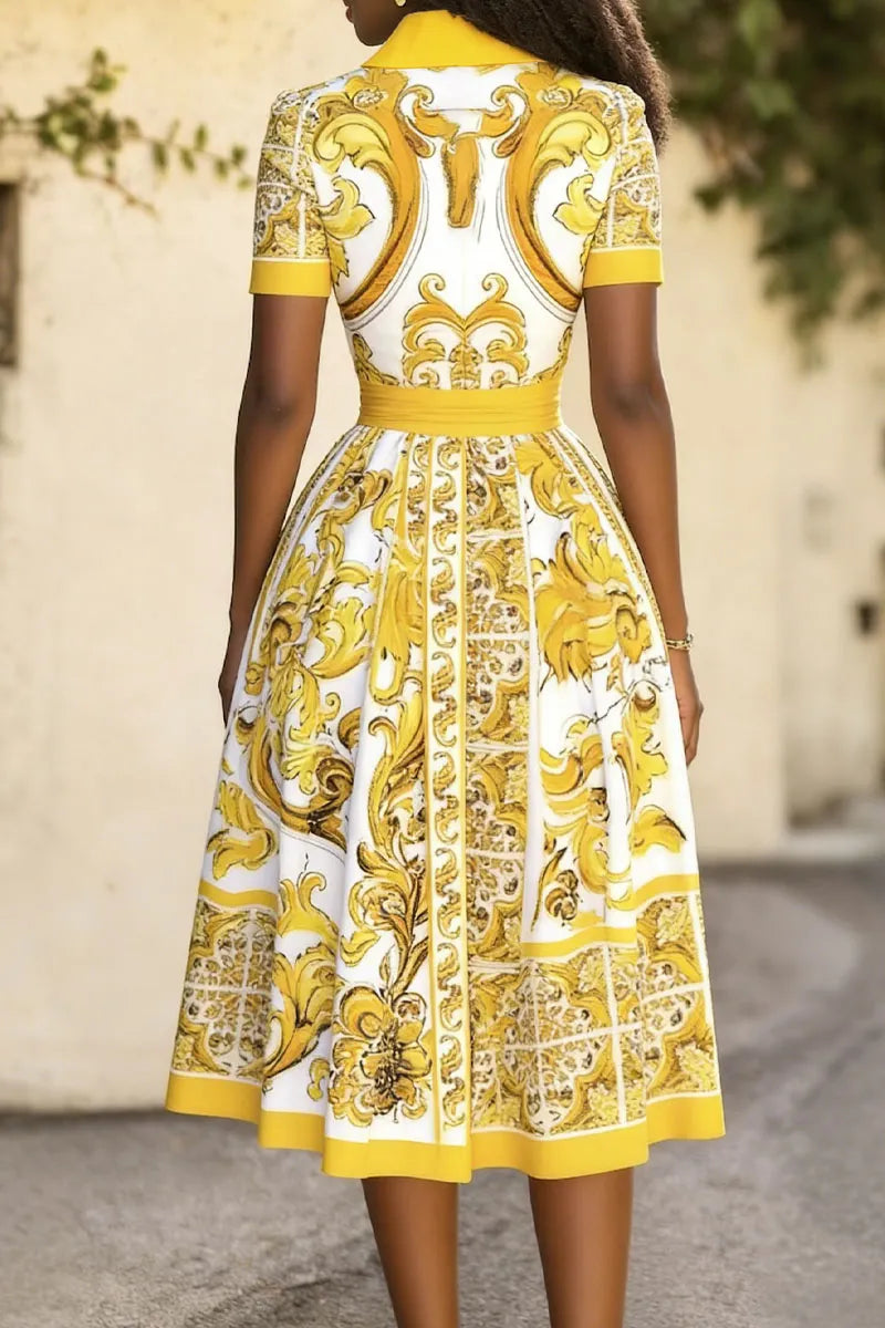 Women's Baroque Print Shirt Dress With Waist Tie