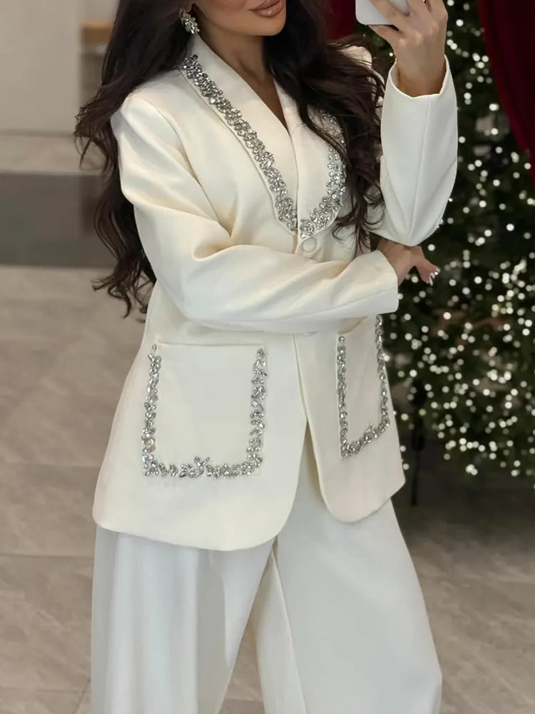 Women V-neck Rhinestone Jacket +pants Temperament Commuting Suit