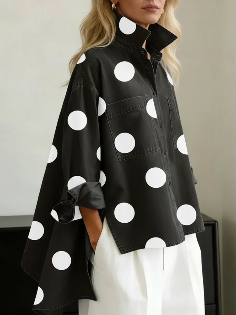 Elegant Artistic Polka Dot Print Stand-collar Cotton Top