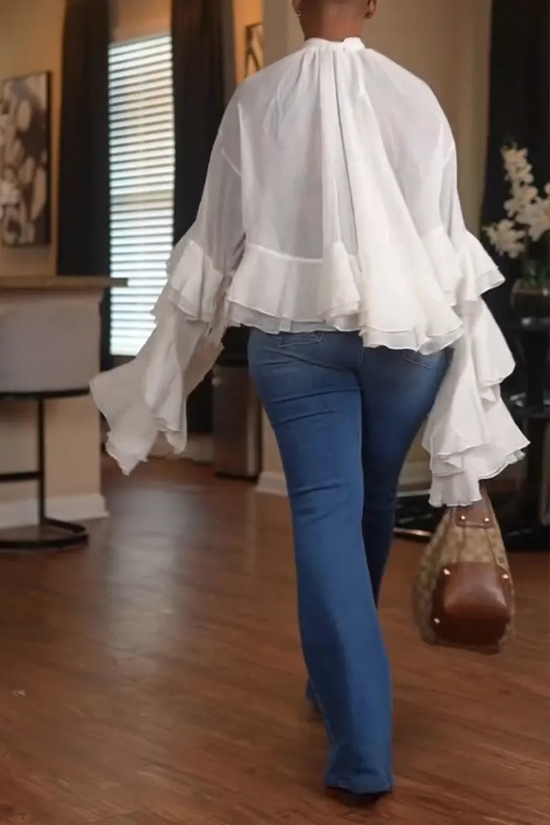 Women's Elegant Tiered Flounce Sleeve Blouse or Wide Leg Jeans