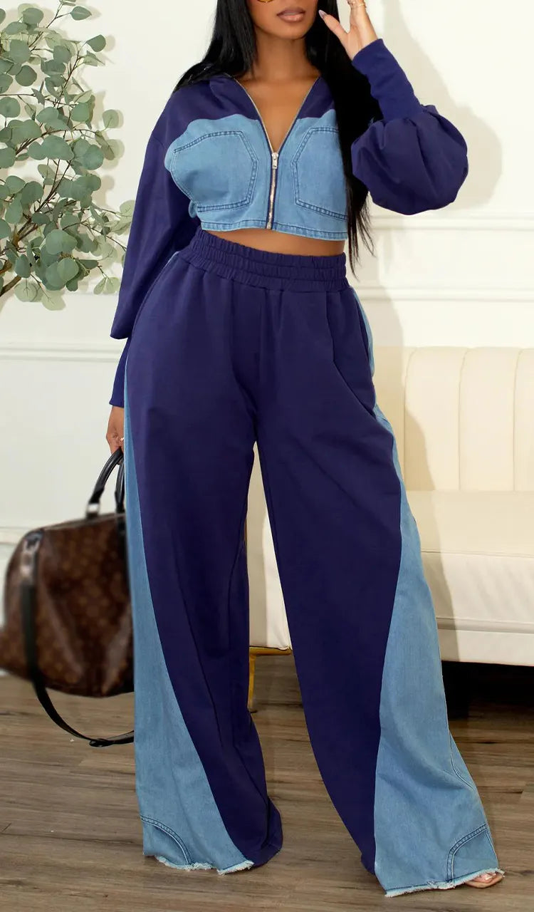 Women Collared Patchwork Denim Casual Suit